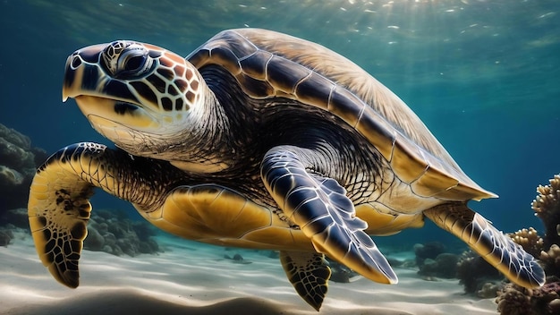Un primer plano de una tortuga marina verde nadando bajo el agua bajo las luces