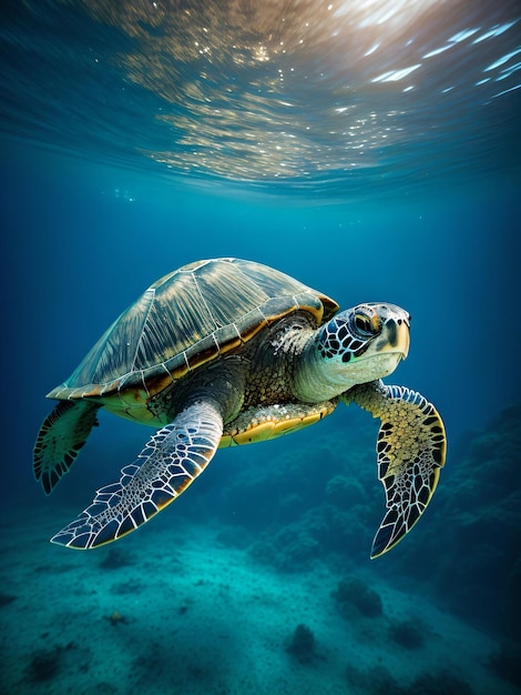 Un primer plano de una tortuga verde nadando bajo el agua