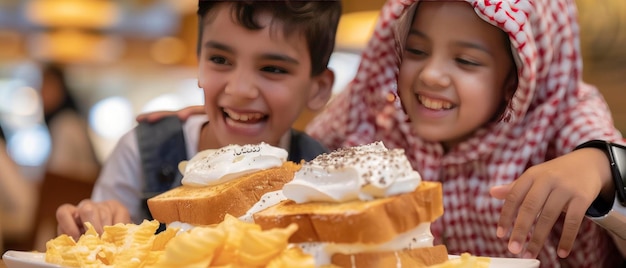 Un primer plano de una tostada desbordante de crema con un niño y una niña sauditas felices mirándola con deleite