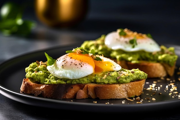 Foto un primer plano de tostadas saludables con pesto y huevos