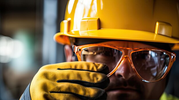 Primer plano de un trabajador de la construcción profesional con sombrero amarillo, gafas y guantes de protección, equipo de seguridad industrial, tema, IA generativa.