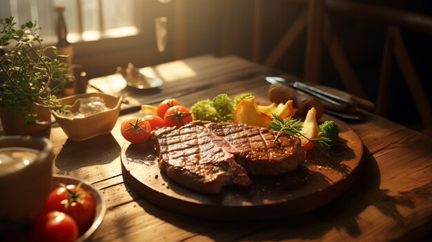 Un primer plano de la tradicional barbacoa de filete de cuello de cerdo con verduras