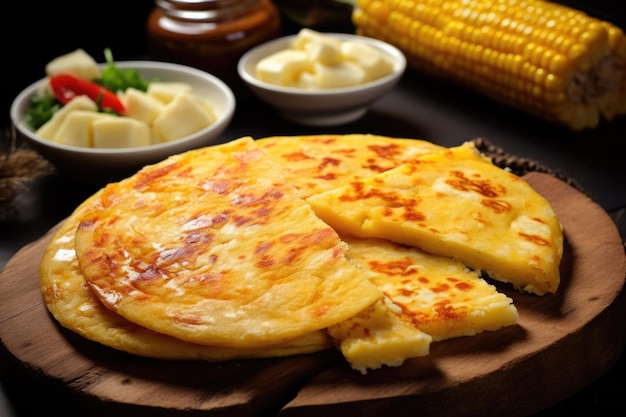 Foto primer plano de la tradicional cachapa, un delicioso plato colombiano hecho con mantequilla de maíz y queso en