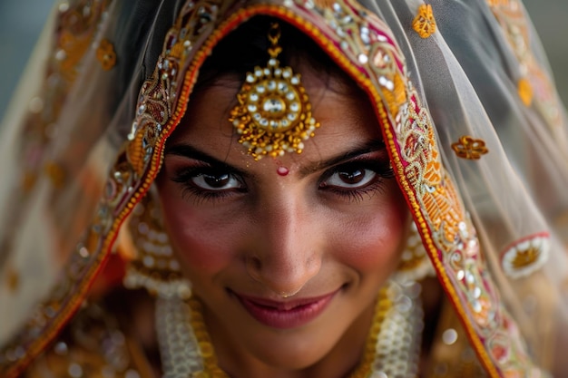 Foto un primer plano de una tradicional novia india feliz con una hermosa sonrisa cubierta de un velo en la cara