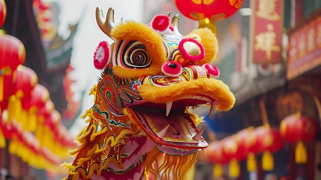 Un primer plano de un traje tradicional chino de la danza del león