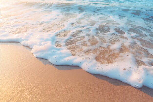 Foto un primer plano tranquilizador de la suave ola del mar acariciando la serena costa de la playa de arena