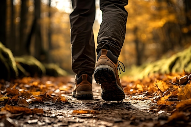 Primer plano trasero de los pies y piernas del excursionista con botas de montaña caminando por un frondoso sendero forestal