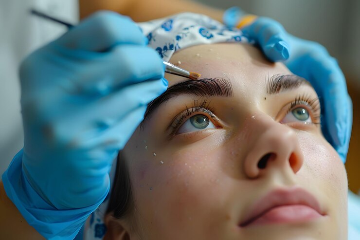Un primer plano de un tratamiento de belleza para moldear las cejas en progreso