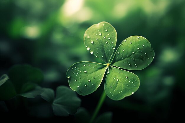 Foto un primer plano de un trébol verde de cuatro hojas con rocío en el concepto del día de san patricio