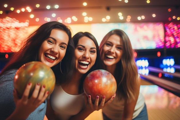 Primer plano de tres amigas divirtiéndose mientras juegan a bolos enfoque selectivo enfoque en la pelota de bolos