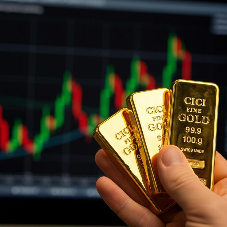 Primer plano de tres barras de oro en la mano con un gráfico financiero en el fondo