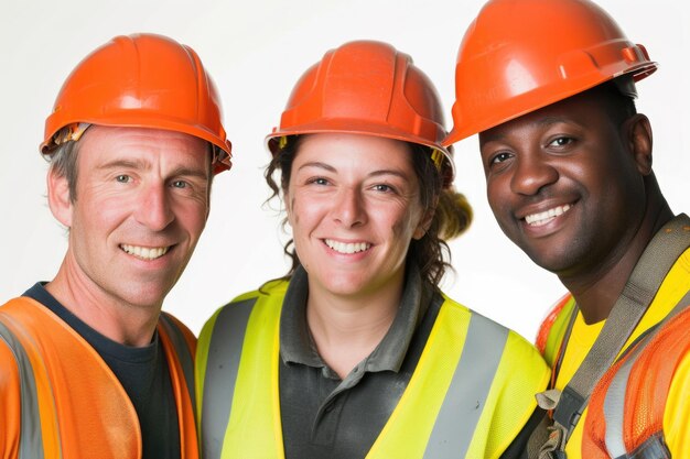 Foto un primer plano de tres constructores sonriendo a la cámara sobre un fondo blanco