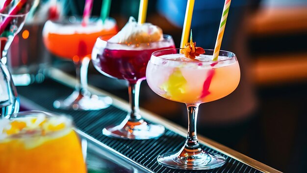 Primer plano de tres creativos cócteles de fiesta no alcohólicos saludables pero dulces exóticos en el fondo del restaurante vasos en la barra bebidas refrescantes con pajitas