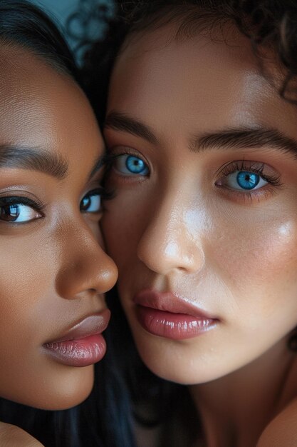 Primer plano de tres mujeres diversas con ojos llamativos y hermoso maquillaje