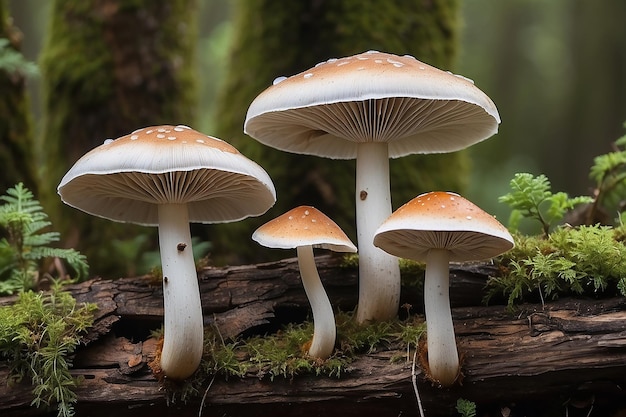 Un primer plano de tres setas de micena que crecen en la madera podrida