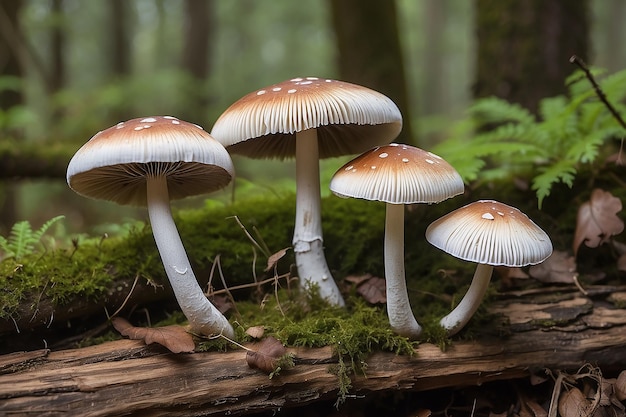 Un primer plano de tres setas de micena que crecen en la madera podrida