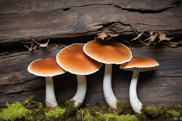 Un primer plano de tres setas de micena que crecen en la madera podrida