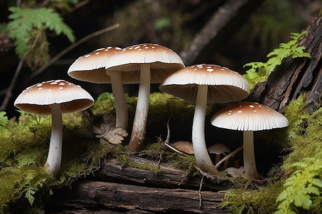 Un primer plano de tres setas de micena que crecen en la madera podrida