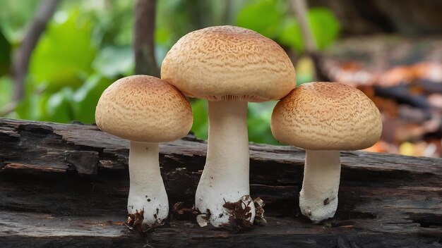 Foto un primer plano de tres setas de micena que crecen en la madera podrida