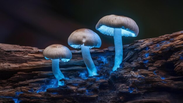 Foto un primer plano de tres setas de micena que crecen en la madera podrida