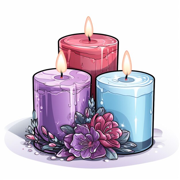 un primer plano de tres velas con flores sobre un fondo blanco ai generativo