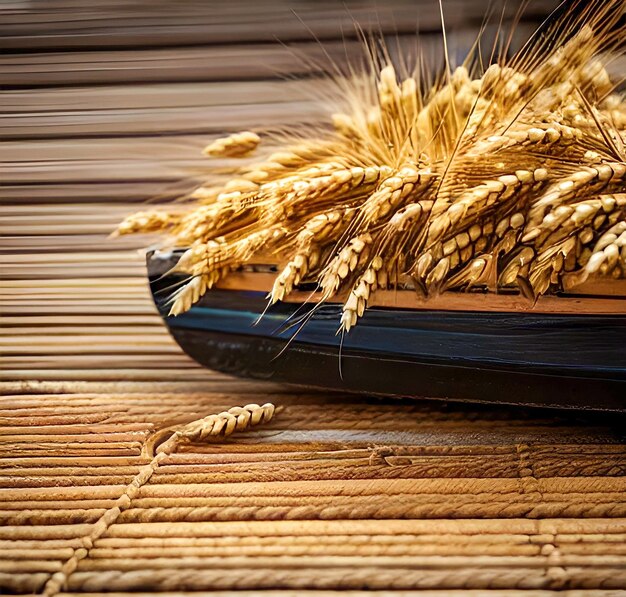 Primer plano de trigo sobre un fondo de madera