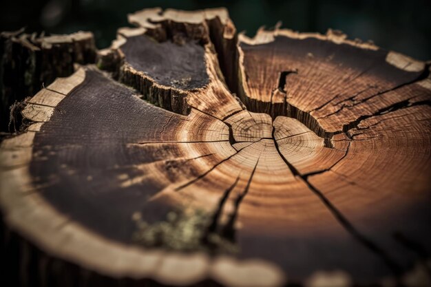 Primer plano del tronco de un árbol con cortes de sierra visibles de tala rasa