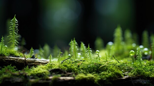 Foto un primer plano de un tronco de árbol cubierto de musgo con algunas gotas de agua en él ai