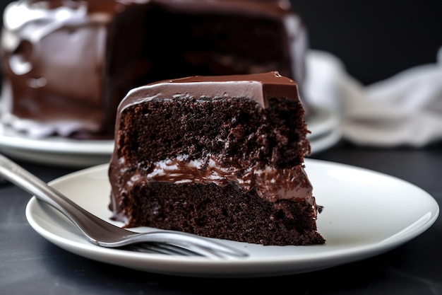 Primer plano de un trozo de bizcocho de chocolate en un plato blanco