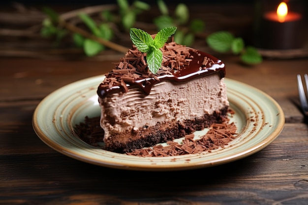 Primer plano de un trozo de deliciosa tarta de queso con chocolate en un plato con una hoja de menta