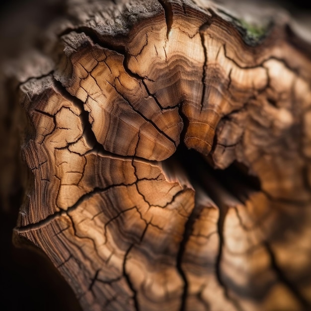 Un primer plano de un trozo de madera con un fondo oscuro