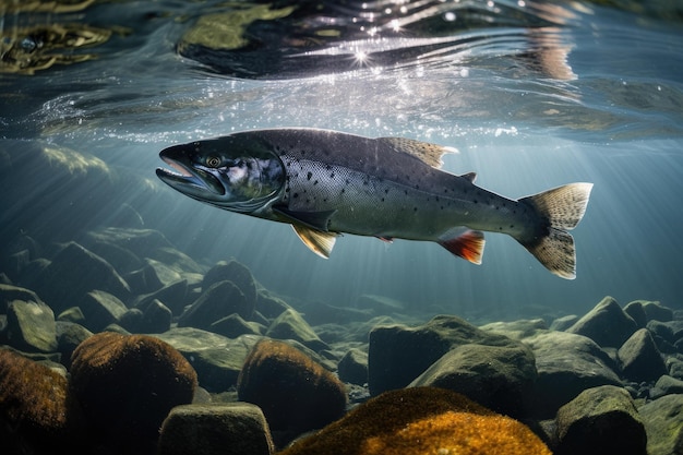 Primer plano de una trucha arco iris nadando en el agua bajo la luz del sol fotografía subacuática profesional de un salmón en busca de alimento generada por IA