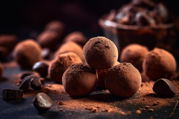 Un primer plano de trufas de chocolate con granos de café en el fondo