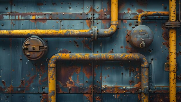 Foto un primer plano de una tubería oxidada en una pared con tonos de azul eléctrico