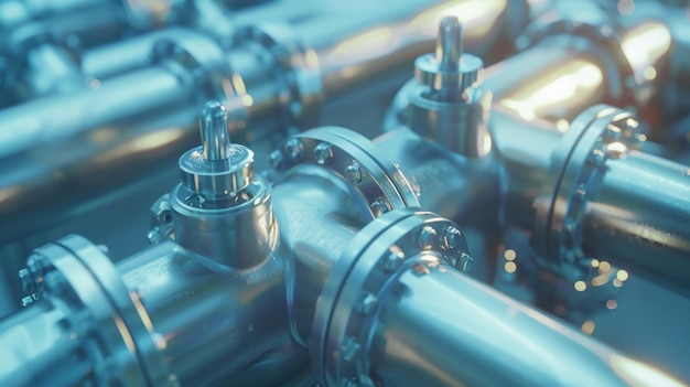 Primer plano de tuberías metálicas brillantes con pernos y válvulas en un entorno industrial moderno que refleja la luz