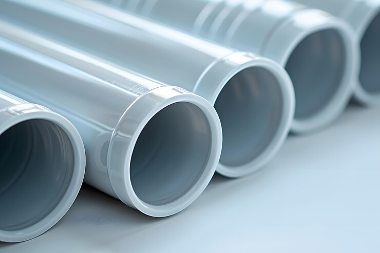 Primer plano de tuberías de PVC blanco liso en una fila