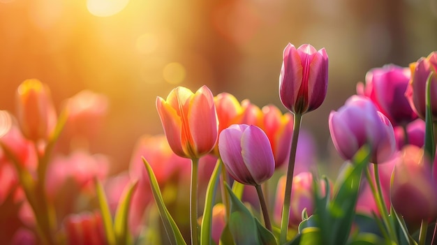 Un primer plano de tulipanes en flor bajo el sol