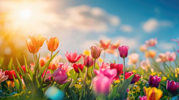 Un primer plano de tulipanes en flor bajo el sol