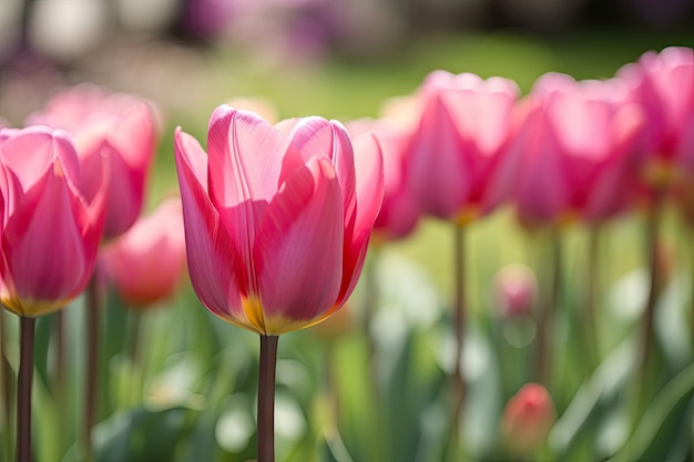 Primer plano de tulipanes en plena floración y sus delicados pétalos