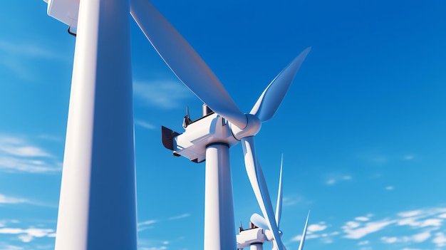 Un primer plano de las turbinas de molino de viento en el mar en Windmill Park bajo un cielo azul brillante