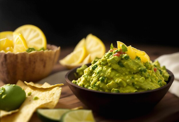 Foto primer plano ultrarrealista macro publicidad guacamole con nachos y limón con tejido de lino sobre un