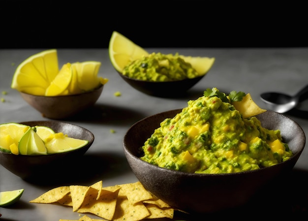 primer plano ultrarrealista macro publicidad guacamole con nachos y limón con tejido de lino sobre un