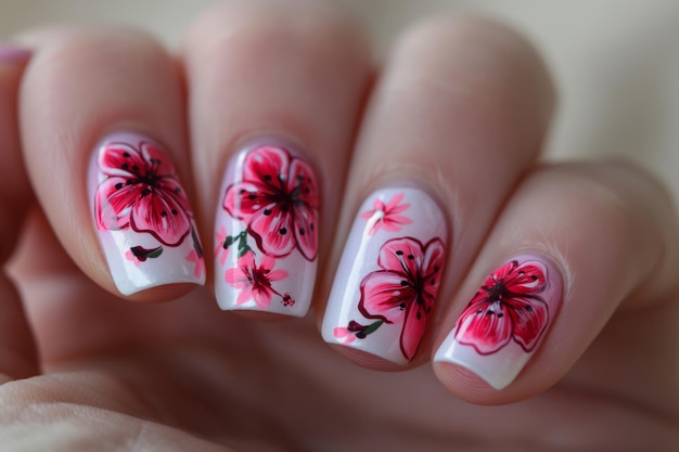 Primer plano de uñas cuidadas con un vibrante patrón inspirado en el hibisco lei que encarna el encanto floral hawaiano