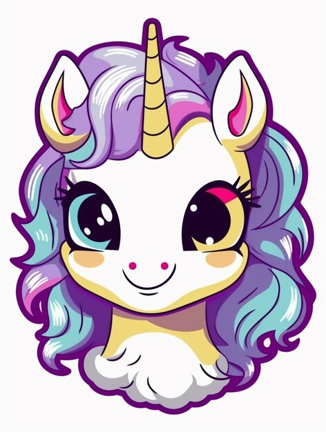 un primer plano de un unicornio de dibujos animados con una melena púrpura generativa ai