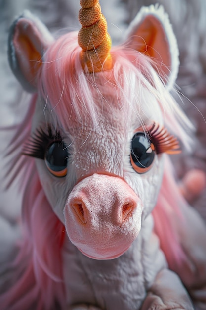 Foto un primer plano de un unicornio de peluche con cabello rosa perfecto para los temas de los niños