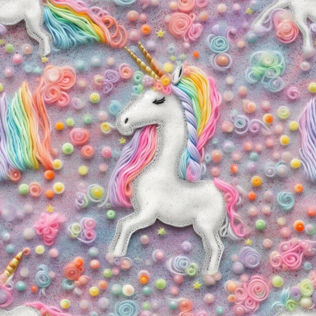 Foto un primer plano de un unicornio rodeado de muchas cuentas de diferentes colores