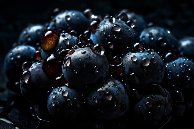 Un primer plano de uvas azules con gotas de agua sobre ellas