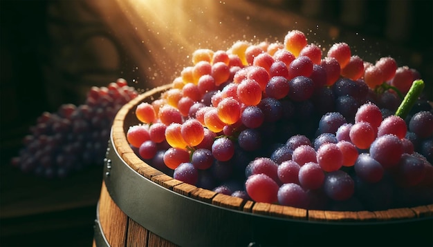 Un primer plano de las uvas en un barril para la elaboración del vino