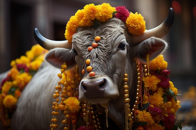 un primer plano de una vaca con flores en la cabeza