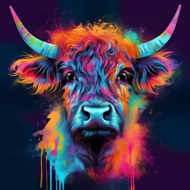 un primer plano de una vaca con pintura colorida en su cara generativa ai